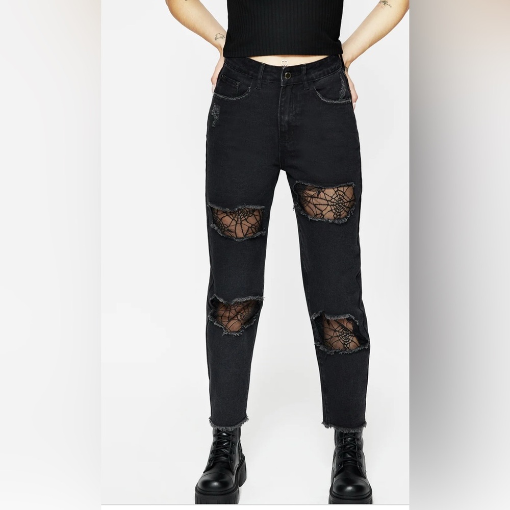 Disturbia women’s 34” US 12 cobweb distressed denim jeans black goth new